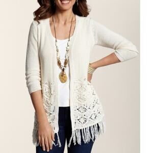 Chico's Mia Macrame Cardign Size 2 (Womens Large Cream Fringed Boho Sweater